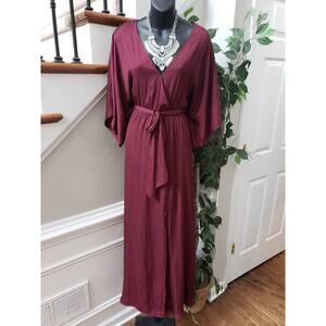 Vernacular Women's Maroon Solid Polyester V-Neck 3/4 Sleeve Long Maxi Dress M